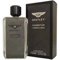 Bentley Momentum Unbreakable Eau De Parfum 100ml, textured glass bottle with black cap, beside black box.