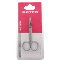 Chrome plated curved manicure scissors, 9cm, by Beter in pink and white packaging with red branding.