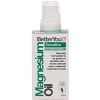 BetterYou Magnesium Oil Sensitive Spray 100ml with white bottle, green text, and pump dispenser.