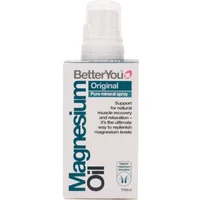 White BetterYou Magnesium Oil Spray bottle with blue text and pump dispenser.