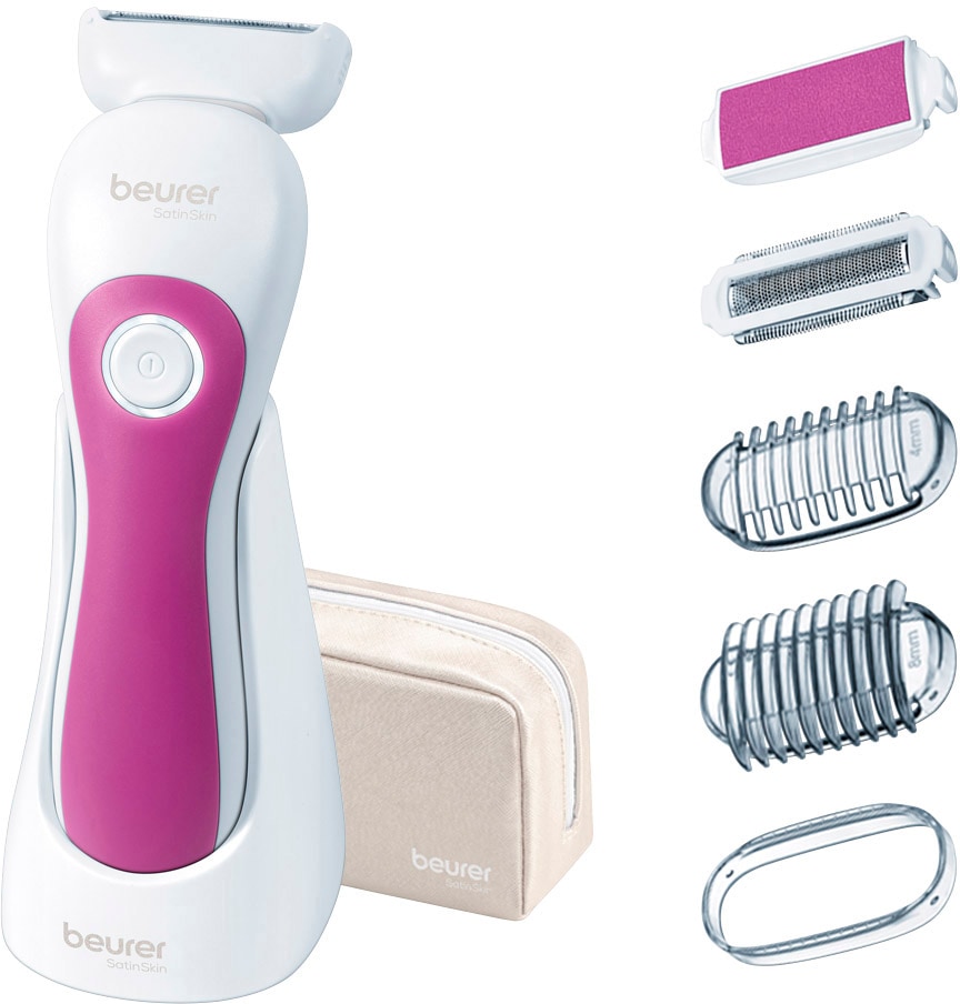 HL 36 Electric Razor by Beurer features a sleek white and pink design, includes interchangeable heads for various grooming needs, and comes with a compact storage pouch.