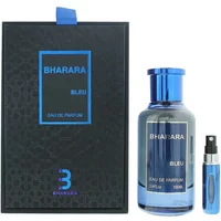 Bharara Bleu Eau De Parfum 100ml, blue glass bottle with silver cap, black box with blue accents, travel spray included.