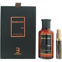 Bharara Don Eau De Parfum 100ml in amber bottle with black cap, black box with orange accents, and travel spray.