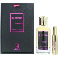 Bharara Goddess Eau De Parfum 100ml, clear bottle with gold cap, pink label, black box with pink accents.