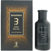"Bharara King Soleil Eau De Parfum 100ml, black bottle with gold accents, matching black and gold box."