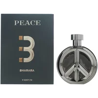 Bharara Peace Parfum 100ml, round silver bottle with peace symbol, next to black box with gold "B" logo.