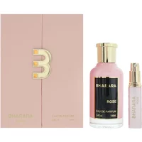 Bharara Rose Eau De Parfum 100ml with pink bottle, gold cap, black label, and matching travel spray beside pink box.