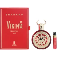 Bharara Viking Kashmir Parfum 100ml, red round bottle with gold Viking helmet cap, red box with gold text.