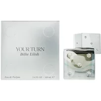 "Billie Eilish Your Turn Eau De Parfum 100ml, clear cubic bottle with metallic accents, matching silver box"