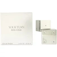 Billie Eilish Your Turn Eau De Parfum 50ml, square silver bottle with minimalist design, matching silver box.