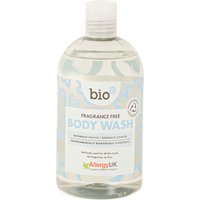 Clear bottle of Bio D Body Wash, fragrance-free, 500ml, with a white cap and blue label featuring allergy-friendly icons.