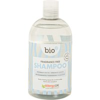 Clear bottle of Bio D Fragrance Free Shampoo, 500ml, with blue and white label and screw cap.