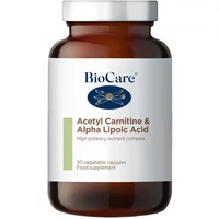 Brown bottle of BioCare Acetyl Carnitine & Alpha Lipoic Acid, white label with blue logo and green stripe, 30 capsules.