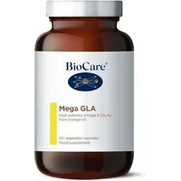 Brown BioCare Mega GLA Complex bottle with white label, blue logo, and yellow text, containing 90 vegicaps.