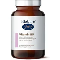 BioCare Vitamin B5 Capsules in a brown bottle with a white label, blue logo, and purple accent, 60 vegetable capsules.