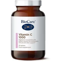 BioCare Vitamin C 1000mg bottle, brown with white label, blue logo, and pink accent, contains 30 tablets.