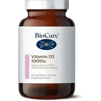 BioCare Vitamin D3 1000iu, brown bottle with white label, blue logo, 60 vegetable capsules for immune and bone support
