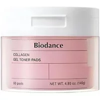 Biodance Bio Collagen Gel Toner Pads in a clear pink jar with white lid, labeled for 60 pads, 4.93 oz.