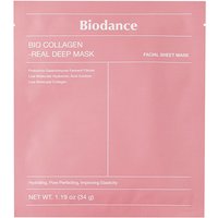 Pink Biodance Bio-Collagen Real Deep Mask packet with white text detailing toning face mask for all skin types.