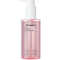Pink Biodance Collagen Cleansing Oil 200ml bottle with white pump and black text label.