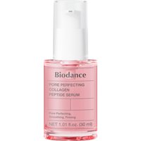 Biodance Pore Perfecting Collagen Peptide Serum, 30ml clear bottle with pink liquid and white pump dispenser.