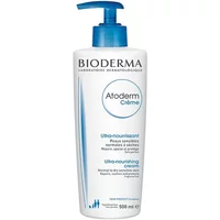 White Bioderma Atoderm Cream 500ml bottle with blue pump and text, featuring dermatological skincare details.