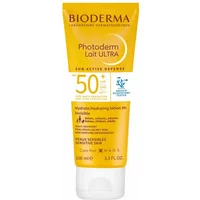 Bioderma Photoderm Ultra Milk SPF50, 200ml yellow tube with white cap, sun protection lotion.