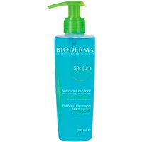 Bioderma SÃ©bium Cleansing Gel, 200ml, blue bottle with green pump, white and green text.