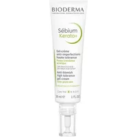 White tube of Bioderma Sebium Kerato+ Anti-Blemish Gel Cream with green accents and clear cap.