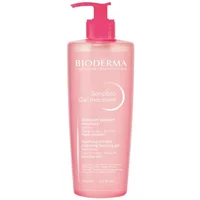 Bioderma Sensibio pink bottle with red pump, white text, 500ml soothing cleansing foaming gel for sensitive skin.