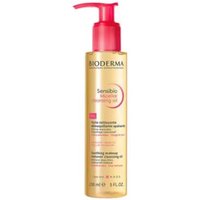 Bioderma Sensibio Micellar Cleansing Oil 150ml, yellow bottle with pink pump dispenser and black text.