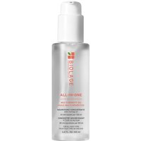 Clear bottle of Biolage All-In-One Multi-Benefit Styling Oil, white pump, green and orange logo, 100ml capacity.