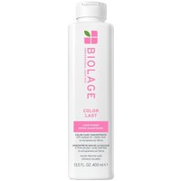 White Biolage ColorLast Conditioner bottle, 400ml, pink accents, green leaf logo, sleek cylindrical design.