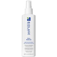 White Biolage Full Rescue Densifying Leave-In Spray bottle, 250ml, with blue text and green leaf logo.