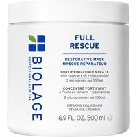 White Biolage Full Rescue Restorative Mask jar, 500ml, with blue and green logo, and text detailing fortifying concentrate.