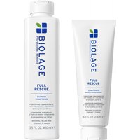 Biolage Full Rescue Shampoo 400ml bottle and Conditioner 236ml tube, white with blue and green logo.
