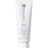 White Biolage HydraSource Conditioning Balm tube, 236ml, with purple logo and green leaf design.