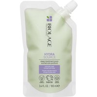 Biolage Hydrasource hair mask in a light green pouch with a spout, featuring purple label and 100ml capacity.