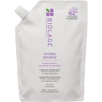 White Biolage Hydrasource Refill Shampoo pouch, 500ml, with purple text and green leaf logo.