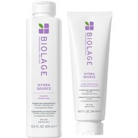 Biolage HydraSource Shampoo 400ml and Conditioning Balm 236ml in white bottles with purple and green logo.