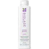 White Biolage HydraSource Shampoo bottle, 400ml, with purple text and green leaf logo.