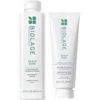 White Biolage Scalp Sync Anti-Dandruff Shampoo bottle and matching tube with green logo and text.