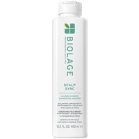 White Biolage Scalp Sync Calming Shampoo bottle, 400ml, with green logo and text, sleek cylindrical design.