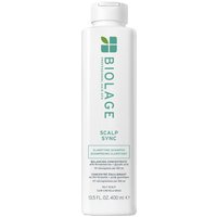 White Biolage Scalp Sync Clarifying Shampoo bottle, 400ml, with green leaf logo and text detailing on front.
