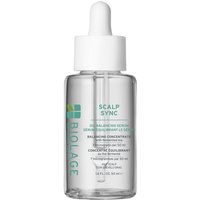 Clear bottle of Biolage Scalp Sync Oil-Balancing Serum with white dropper cap, green and blue logo, 50ml.