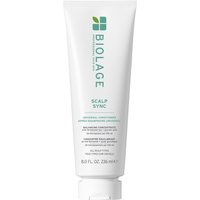 White Biolage Scalp Sync Universal Conditioner tube, 236ml, with green and black text and a green leaf logo.