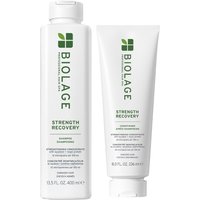 Biolage Strength Recovery Shampoo 400ml bottle and Conditioner 236ml tube, both white with green logo and text.