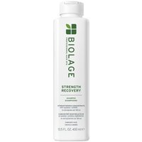 Biolage Strength Recovery Shampoo 400ml, white bottle with green logo and text, sleek cylindrical design.