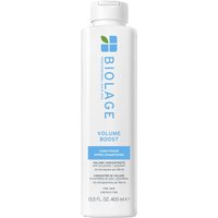 White Biolage Volume Boost Conditioner bottle, 400ml, with blue and green logo, blue label, and screw cap.