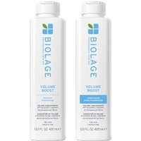 Biolage Volume Boost Shampoo and Conditioner Duo, 400ml bottles, white with blue and green logo accents.